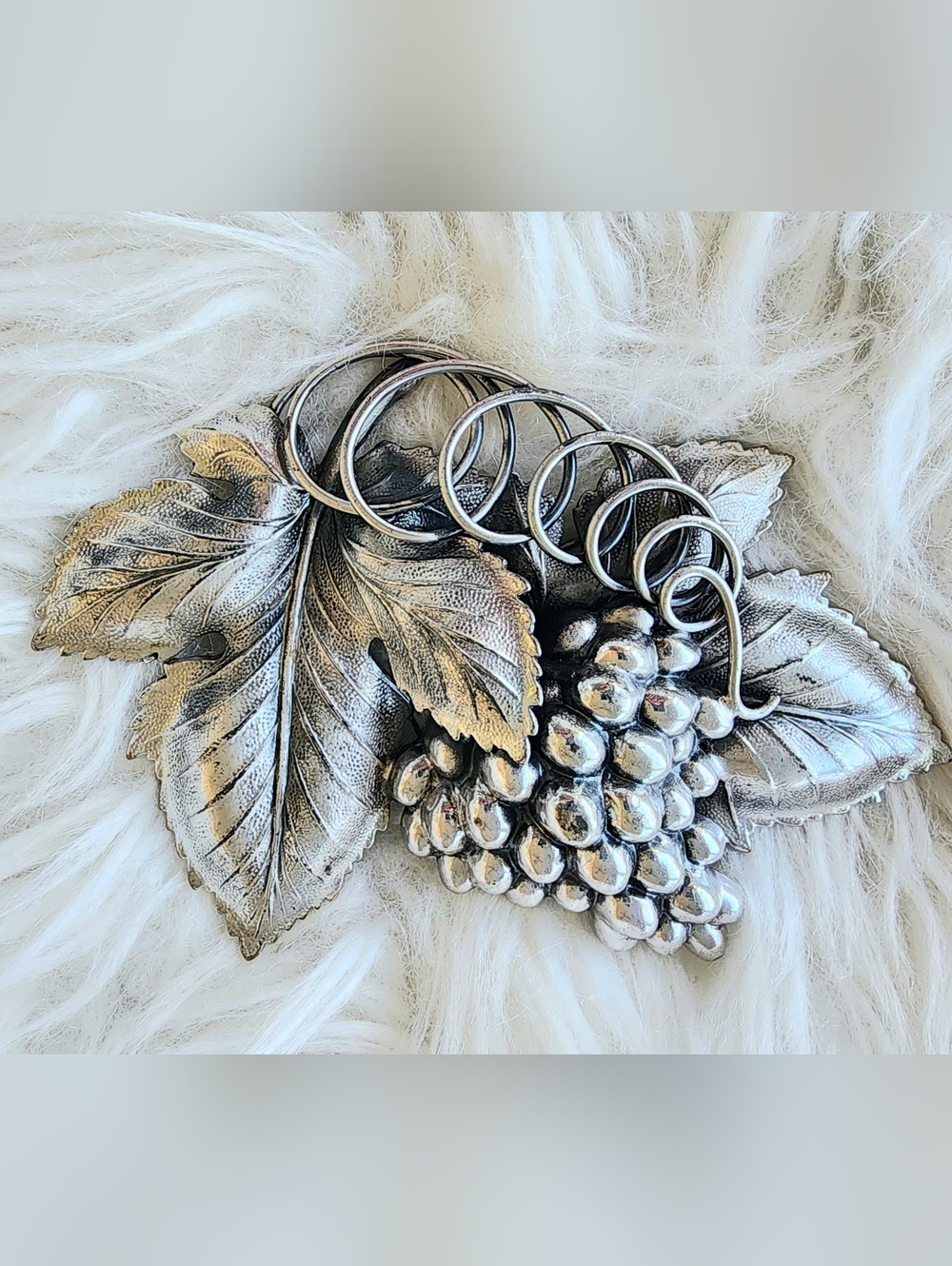 Vintage Napier Silver-Tone Grape Cluster Brooch with Leaves